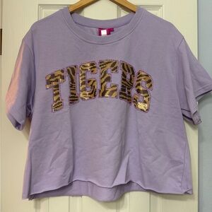 QUEEN OF SPARKLES Purple Tee with Gold Sequin Tigers